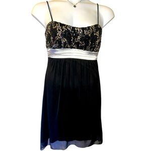 Taboo Black and Silver Sequin Bodice Empire Y2K Babydoll Evening Dress Sz XL